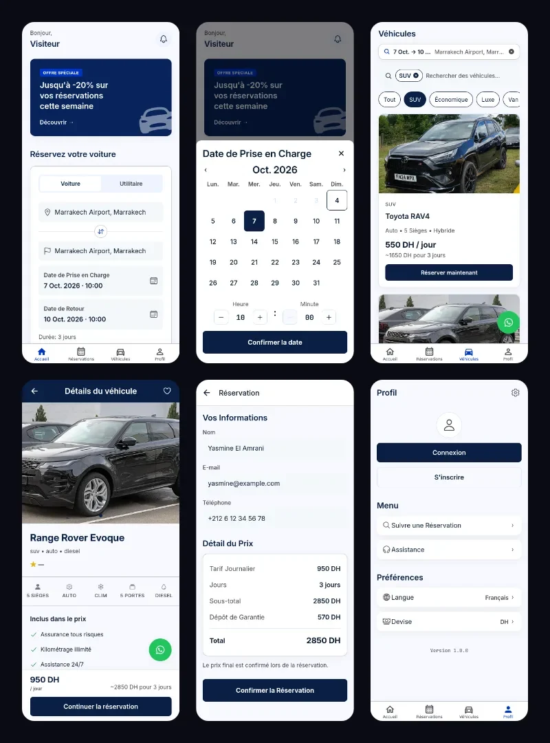 Six screens of the Driveway Morocco app: home search, date picker, fleet, vehicle details, booking summary and profile